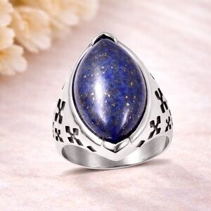 Lapis Lazuli Cocktail Ring Stainless Steel Statement Ring Blue Cabochon Gemstone
